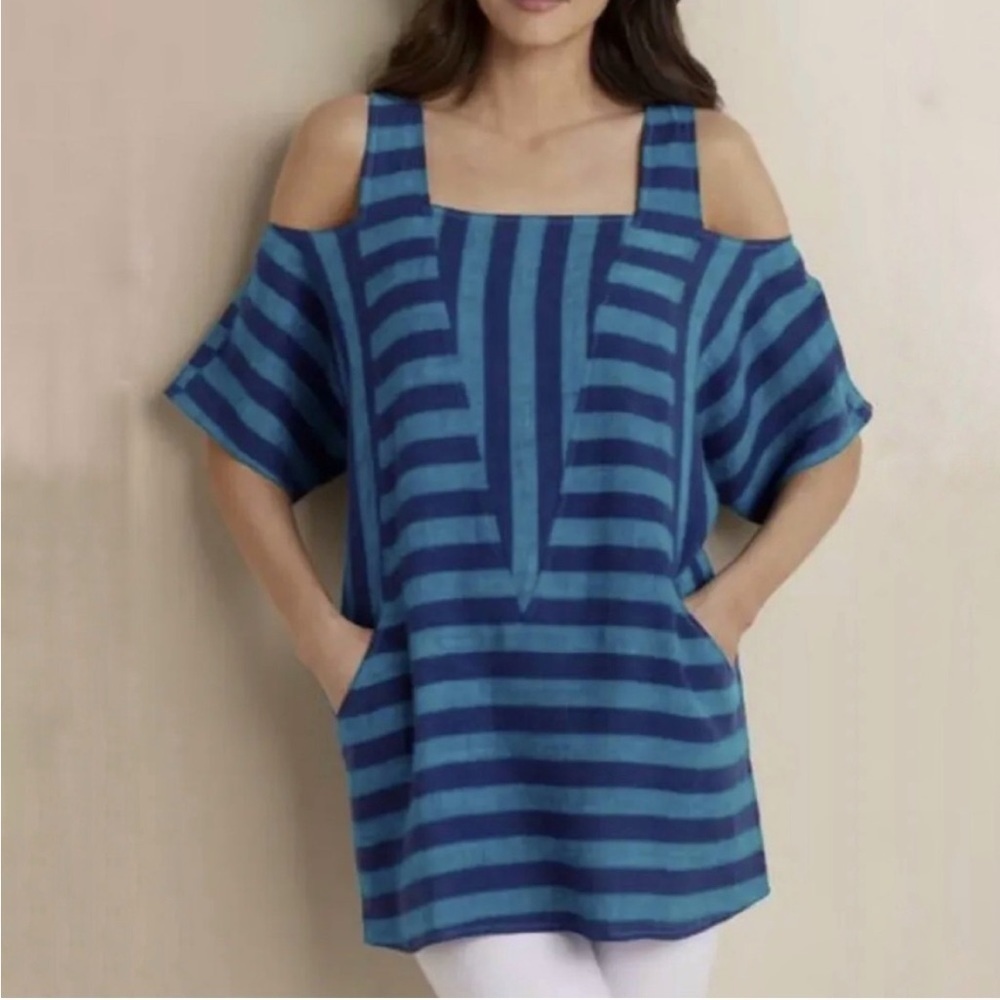 Soft Surroundings Tunic Blue Striped Sunset Cold Shoulder Linen Blend Sz S EUC
